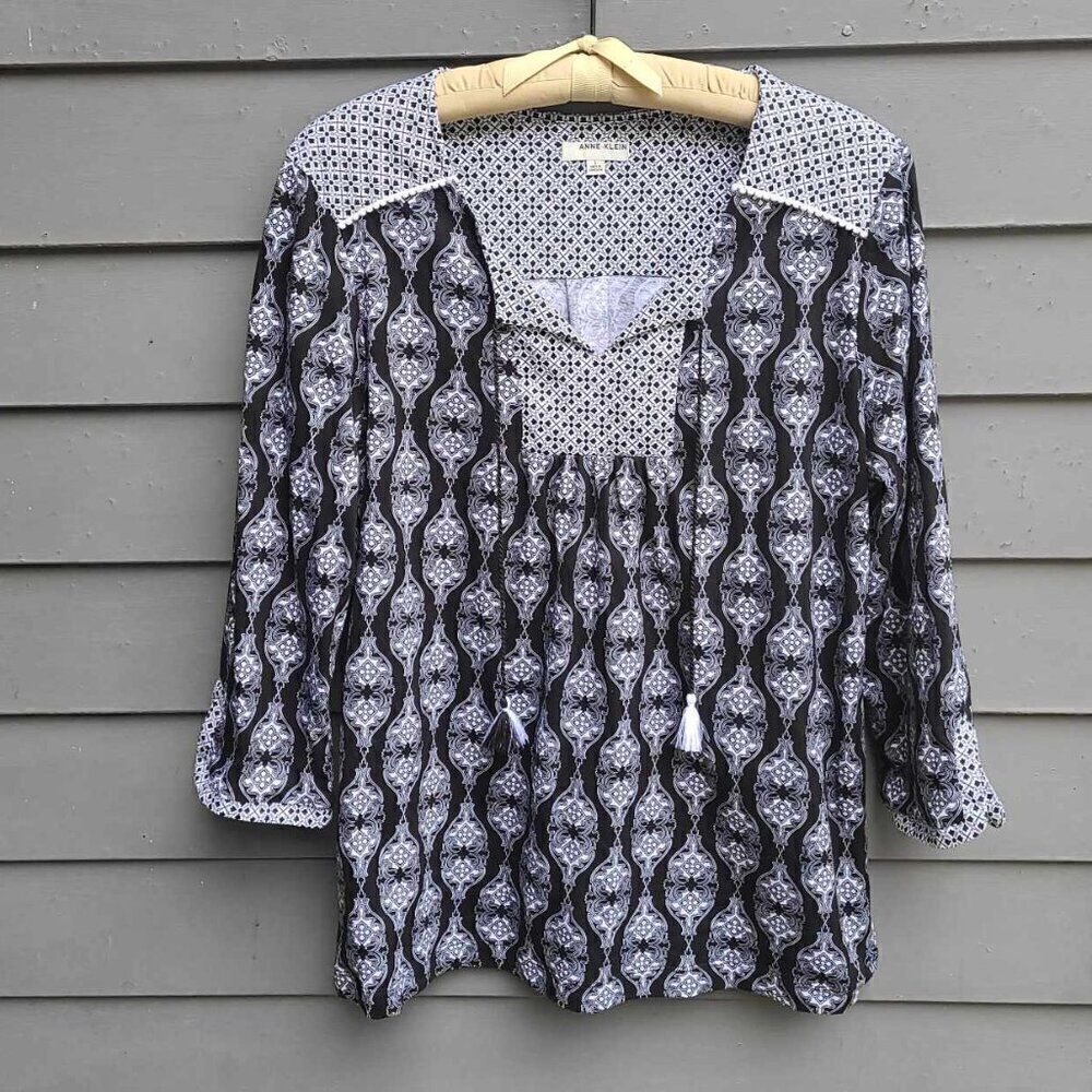 Anne Klein Black White Print Cotton Tunic size Large